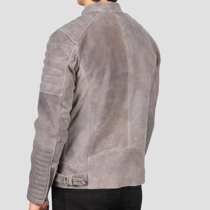 Add a unique twist to your streetwear with this men’s gray suede biker jacket, perfect for stylish everyday outfits.