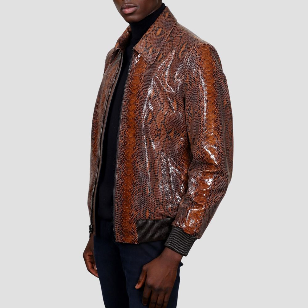 Elevate your winter streetwear with this trendy snakeskin leather jacket, offering both fashion and functionality for cold weather.