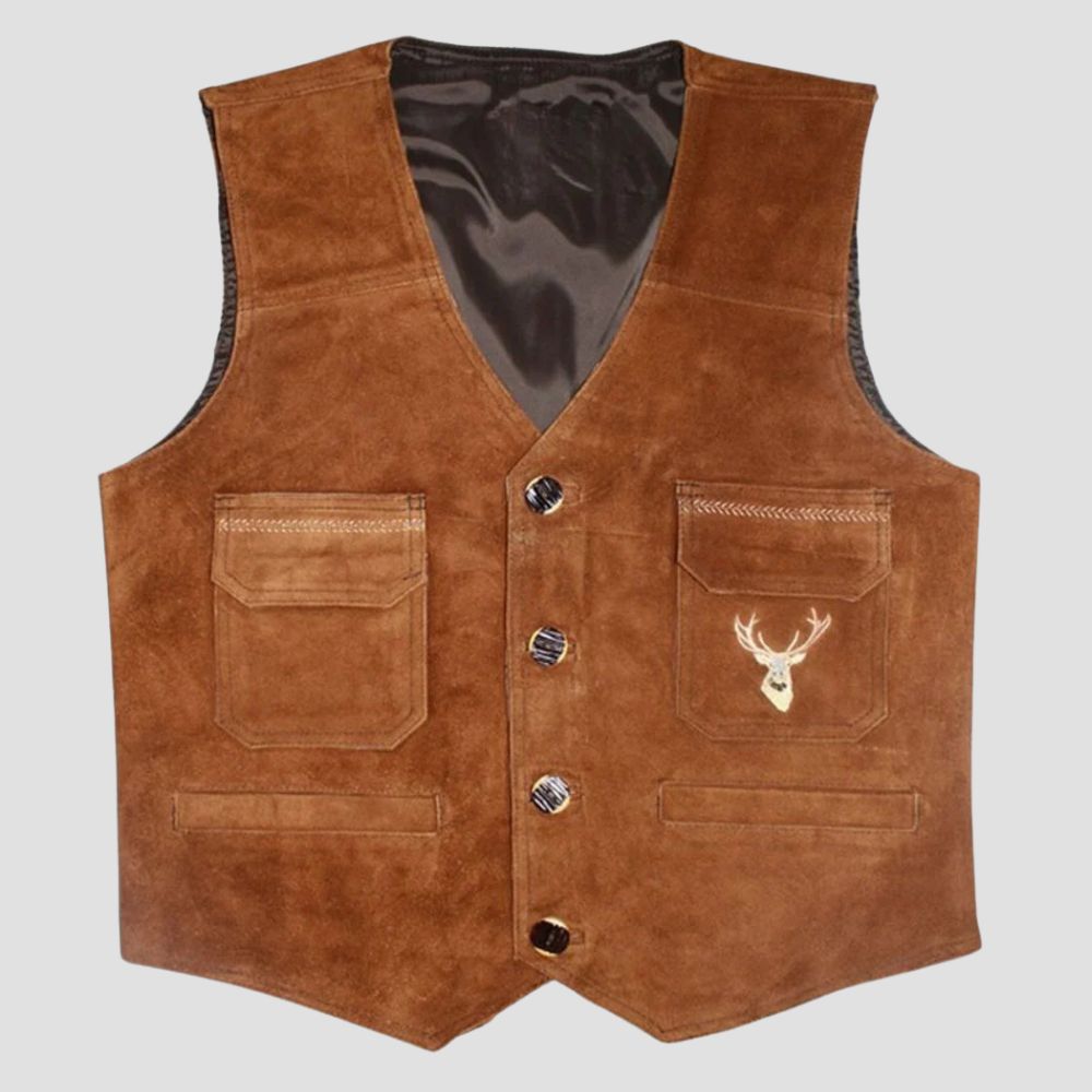 This elegant suede leather Trachten vest is the perfect blend of tradition and chic style for any formal event or celebration.