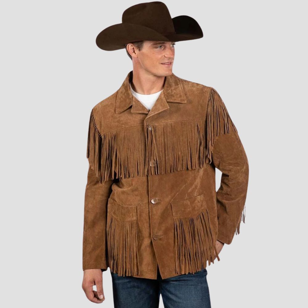 Embrace bold cowboy fashion with this stylish men’s western jacket featuring eye-catching fringes, perfect for making a statement.