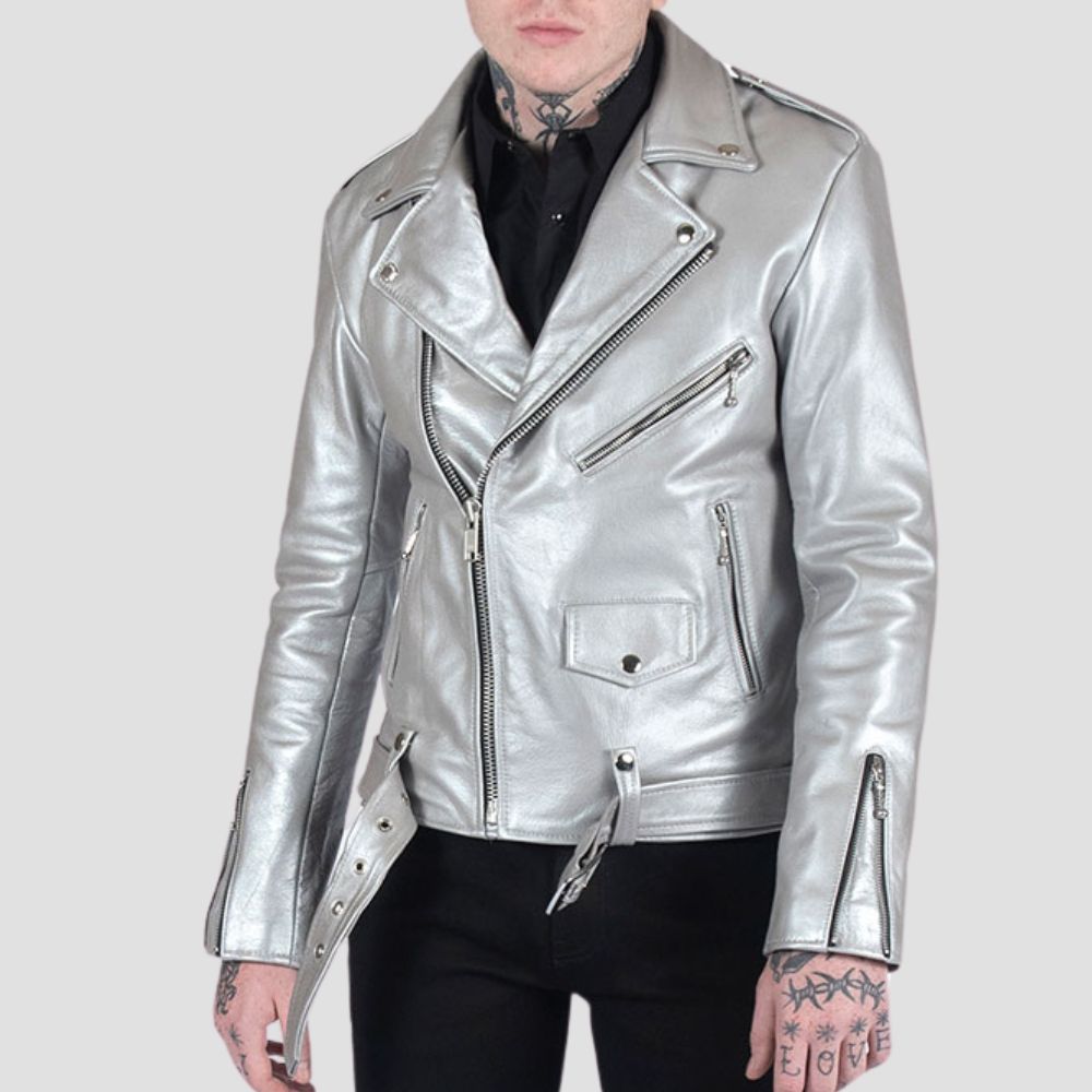 Perfect for trendy outfits, this metallic bomber jacket is designed for bold and modern fashion enthusiasts.