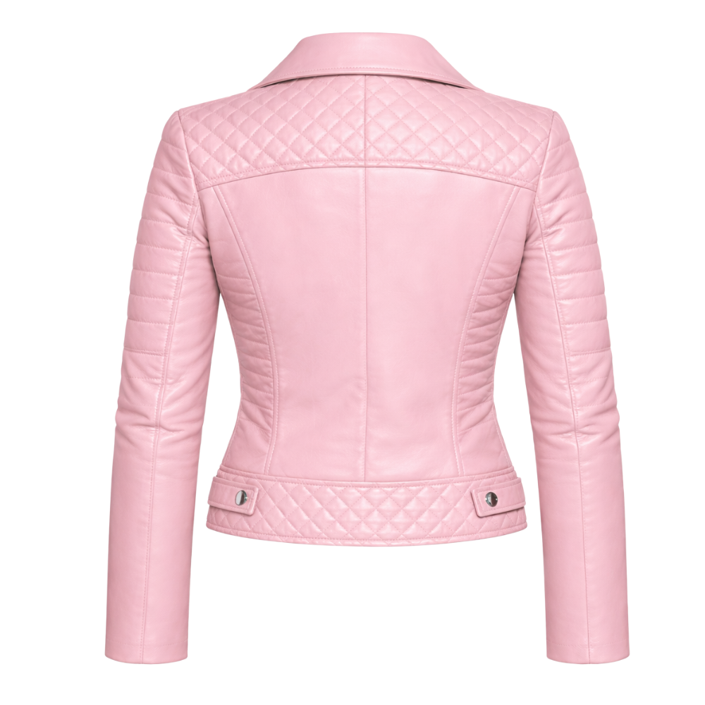 Pink quilted leather biker jacket for trendy streetwear outfits