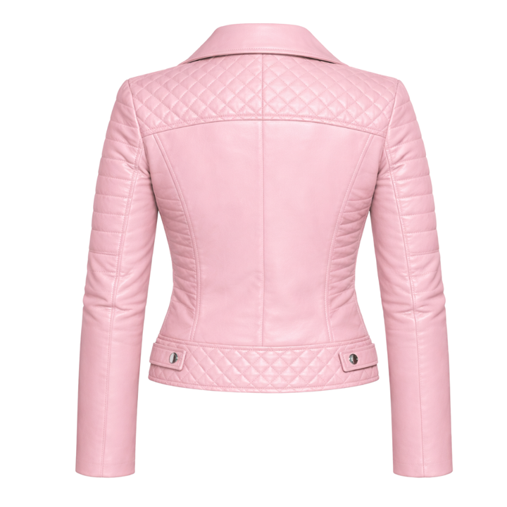 Pink quilted leather biker jacket for trendy streetwear outfits
