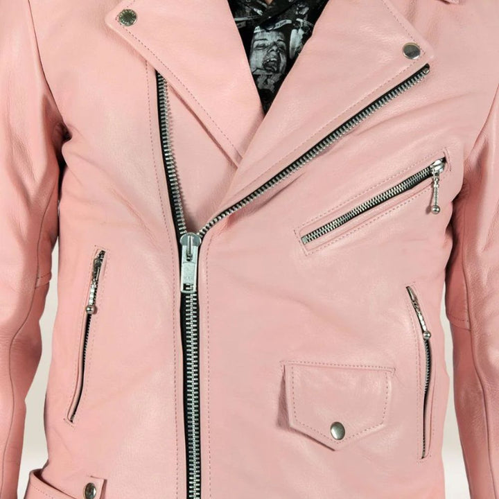 Embrace a unique and stylish look with this pink leather jacket, ideal for men who love bold fashion and contemporary biker style.