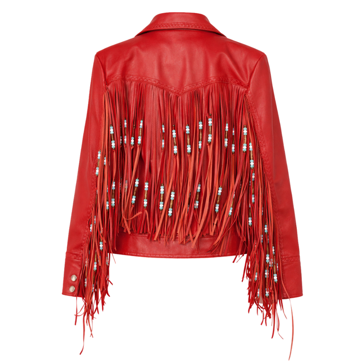 Women’s red leather fringe jacket for trendy fashion outfits
