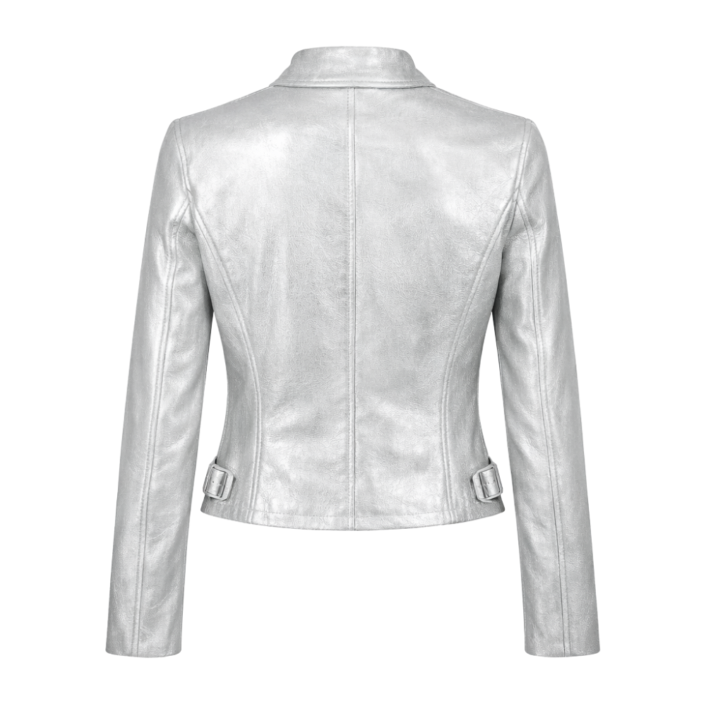 Premium silver metallic biker jacket with sleek finish
