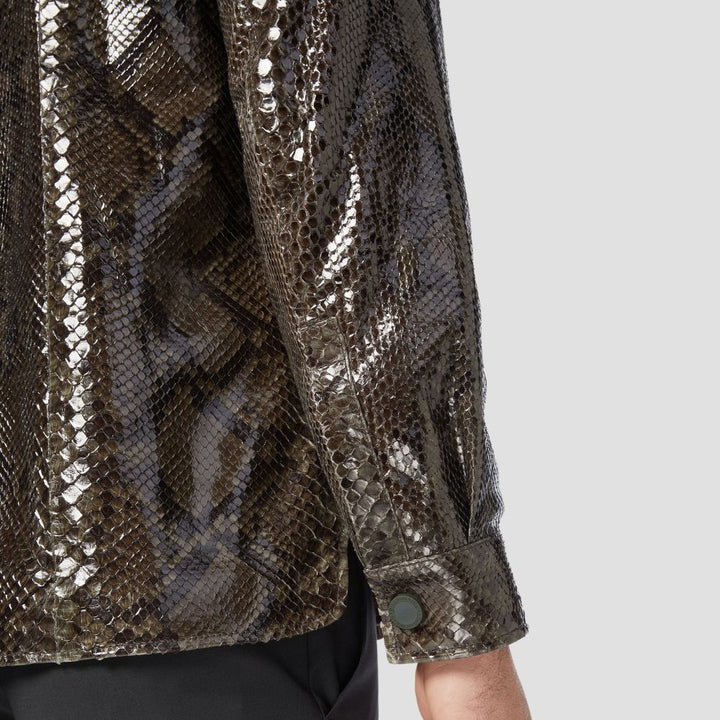 Turn heads with this stylish snakeskin leather shirt, perfect for men looking to elevate their wardrobe with a bold, eye-catching look.