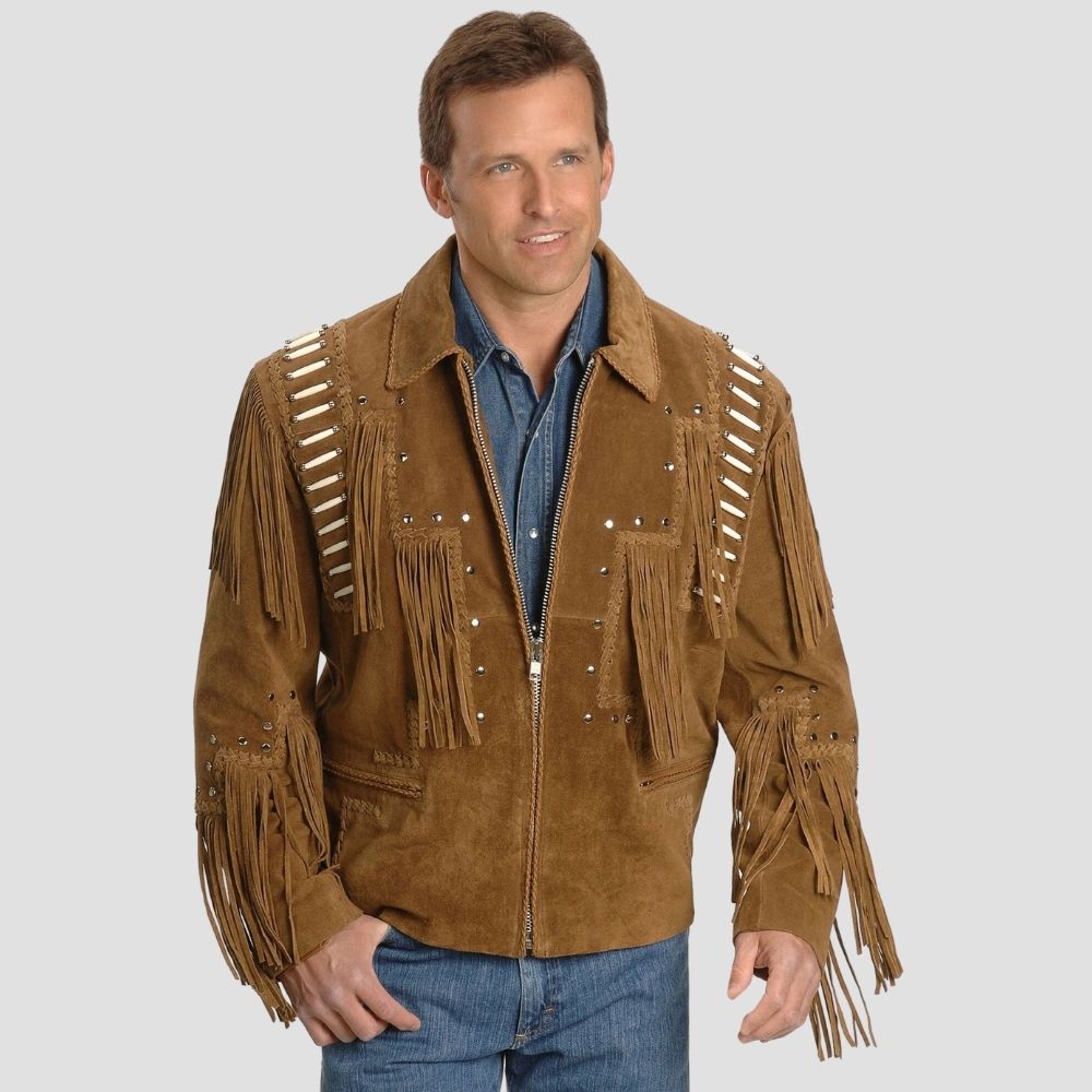 Stylish men's suede fringe jacket in brown with boho chic design and polyester lining.