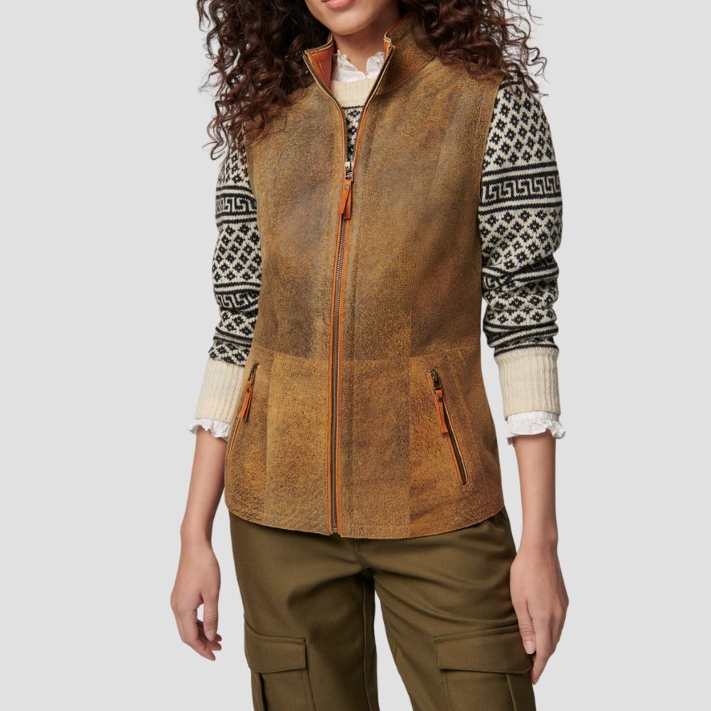 Women's stylish suede fur-lined vest, combining cozy warmth with chic appeal for a fashionable winter look.