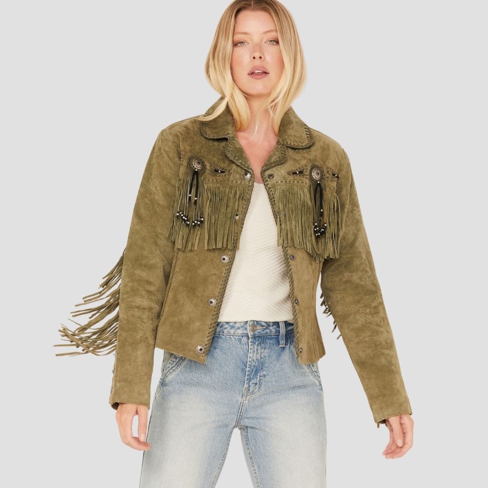  Shop stylish Western suede leather jackets for women with fringes. The chic suede material and eye-catching fringes create a standout look, perfect for any Western-inspired outfit.