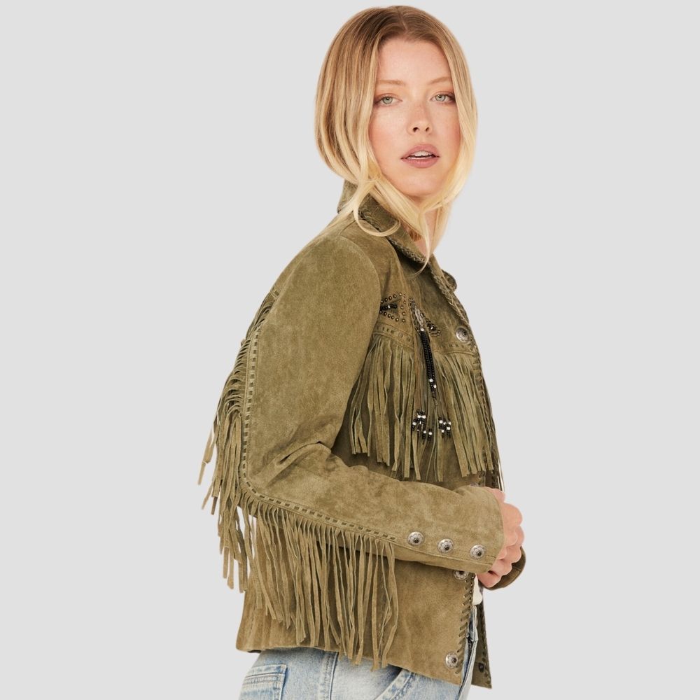 Elevate your wardrobe with a stylish Western suede leather jacket for women, featuring fringes. This timeless jacket combines the softness of suede with the flair of fringed details.