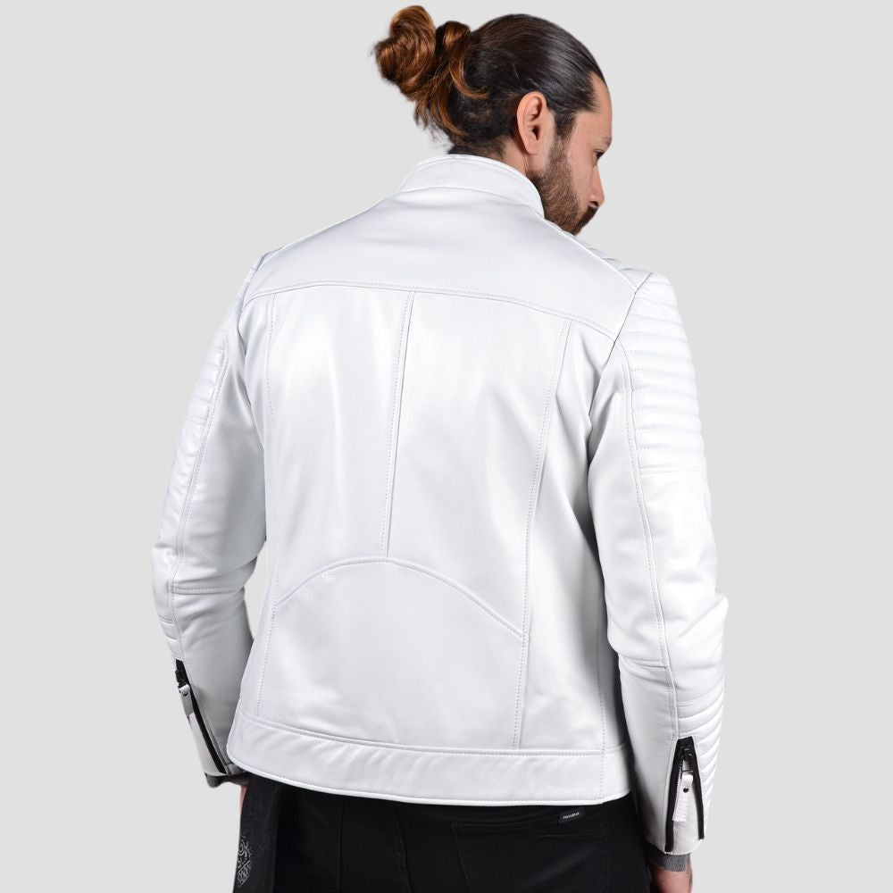 Modern white biker jacket with a slim-fit design and side zip pockets for a trendy look.