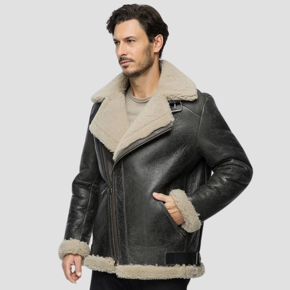 Men’s casual black lambskin leather jacket with warm faux fur interior.