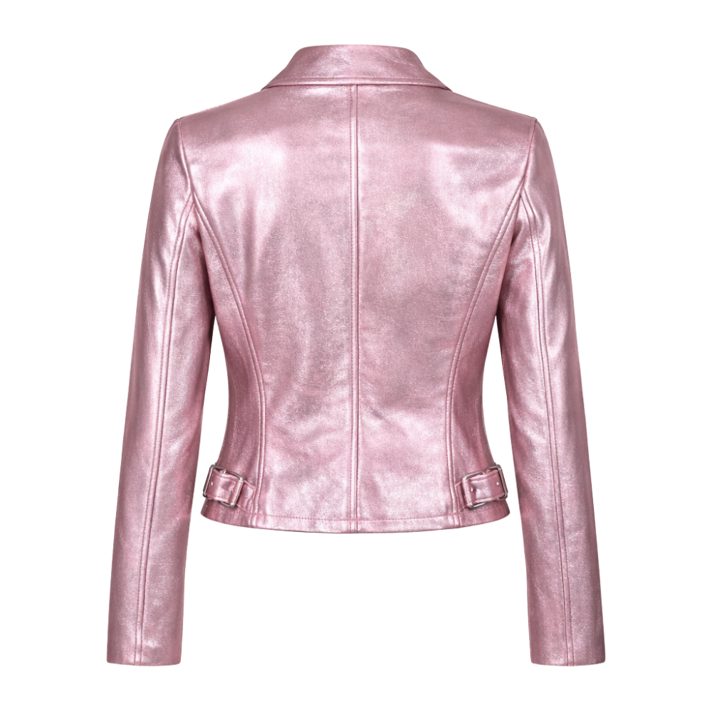 Women pink metallic leather jacket for bold streetwear looks