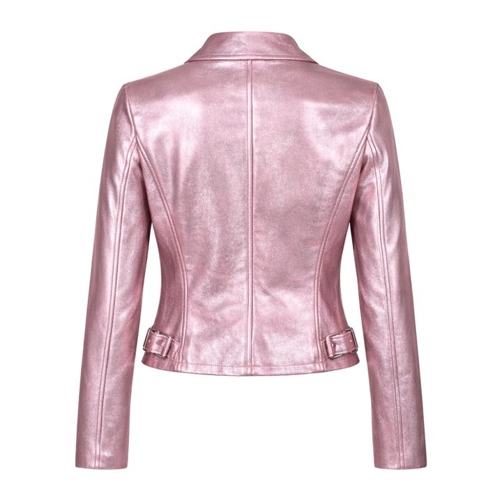 Women pink metallic leather jacket for bold streetwear looks
