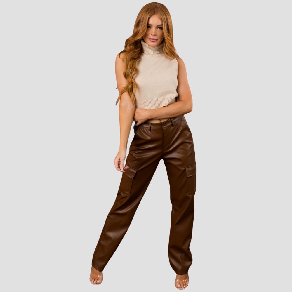 Upgrade your everyday wardrobe with these trendy brown leather cargo pants that offer a relaxed yet stylish look