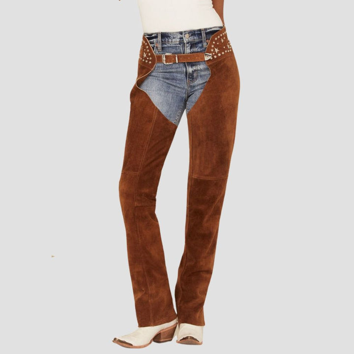 Step out in style with these chic brown suede chaps, ideal for versatile cowgirl looks.