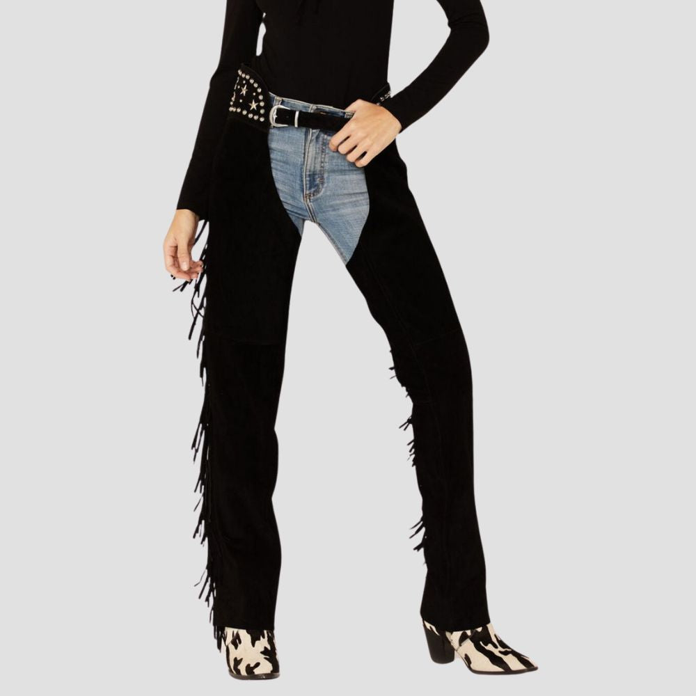 Perfect for rodeos and ranch adventures, these suede chaps add a bold cowgirl flair.