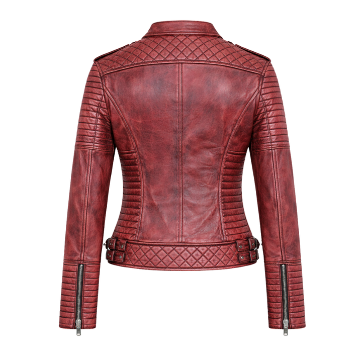 Women red leather moto jacket for casual and streetwear