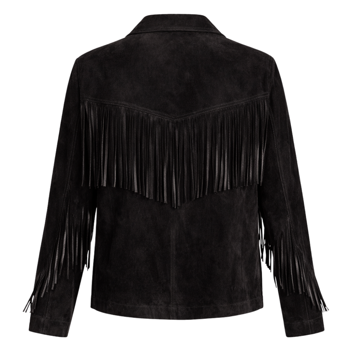 Black suede jacket with fringe detailing for trendy outfits