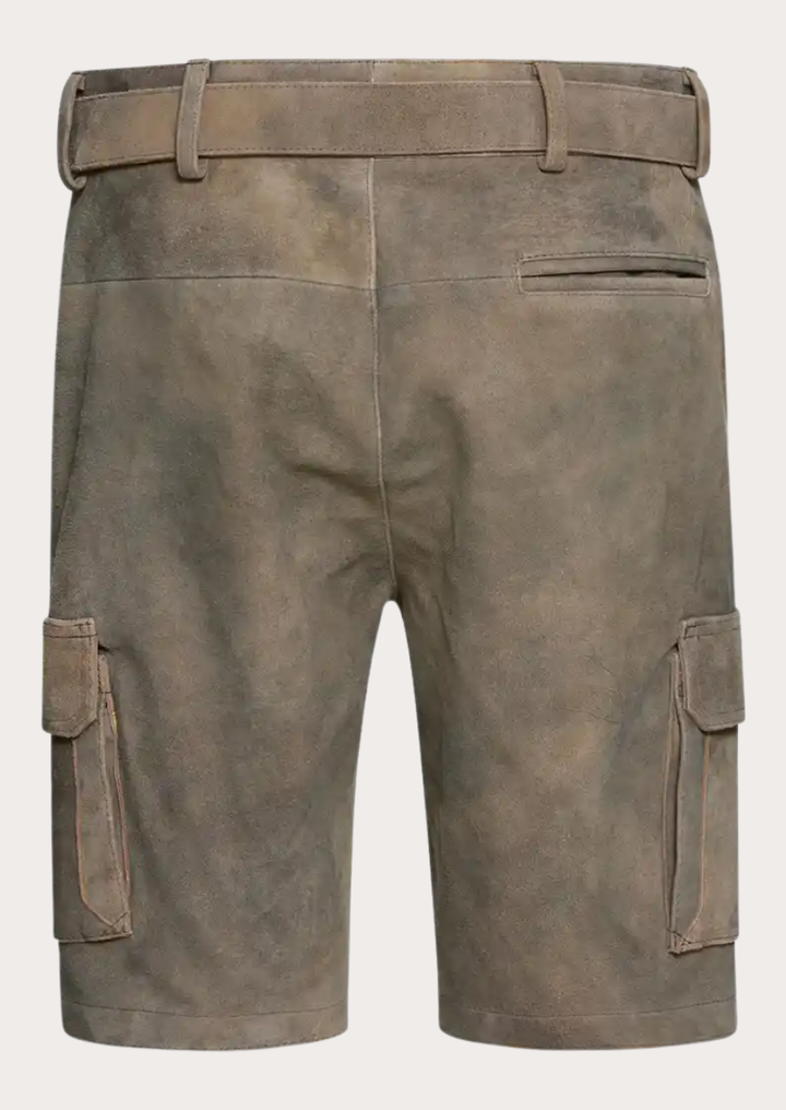 Men's suede leather cargo Lederhosen featuring authentic Alpine craftsmanship