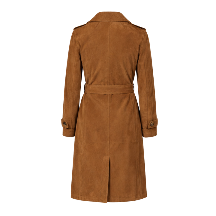 Ladies suede trench coat with button closure and tailored fit