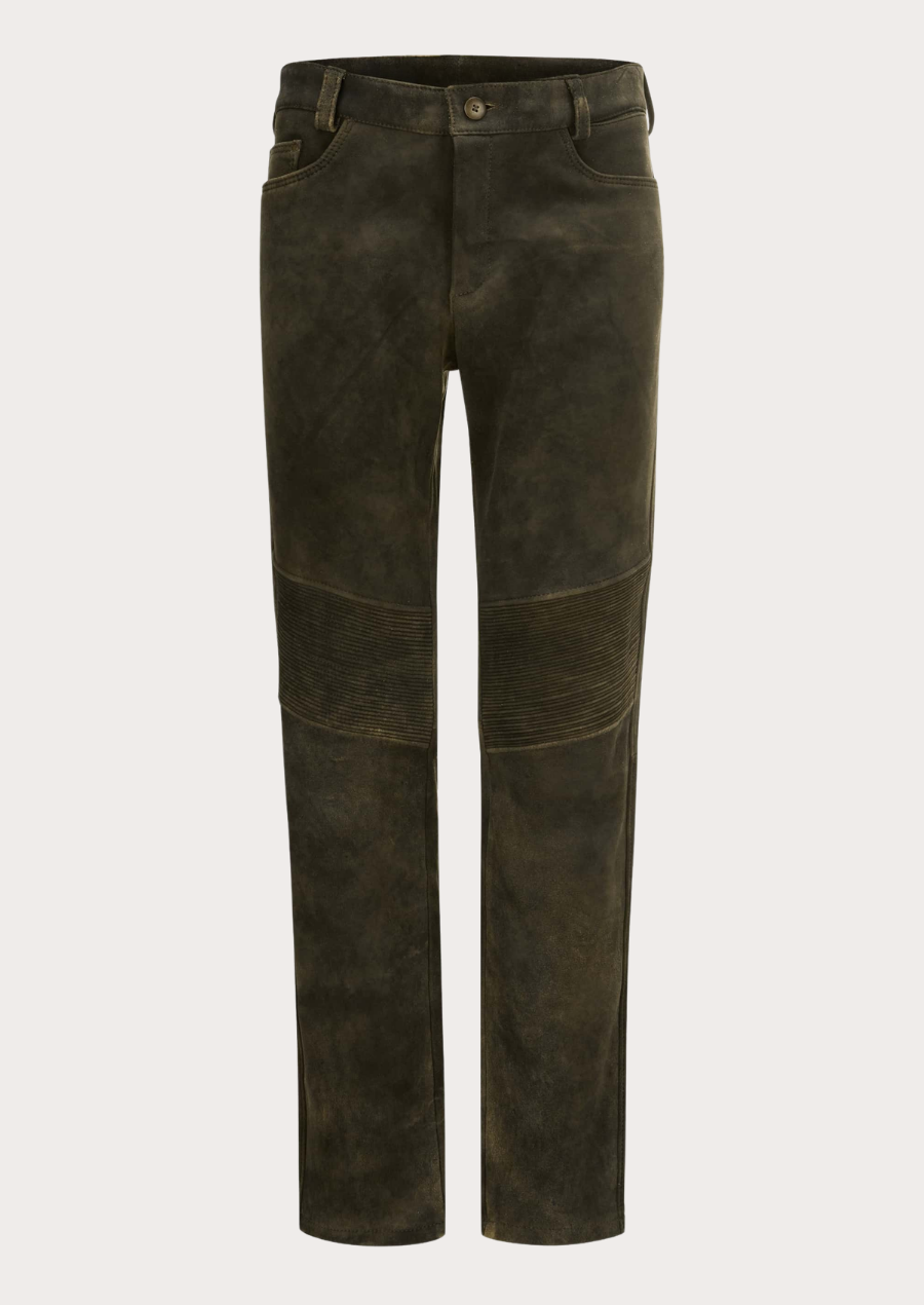 Men's suede moto leather pants designed in a classic biker style