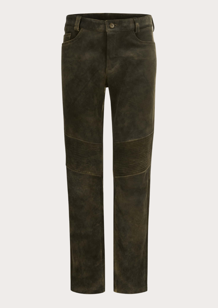 Men's suede moto leather pants designed in a classic biker style