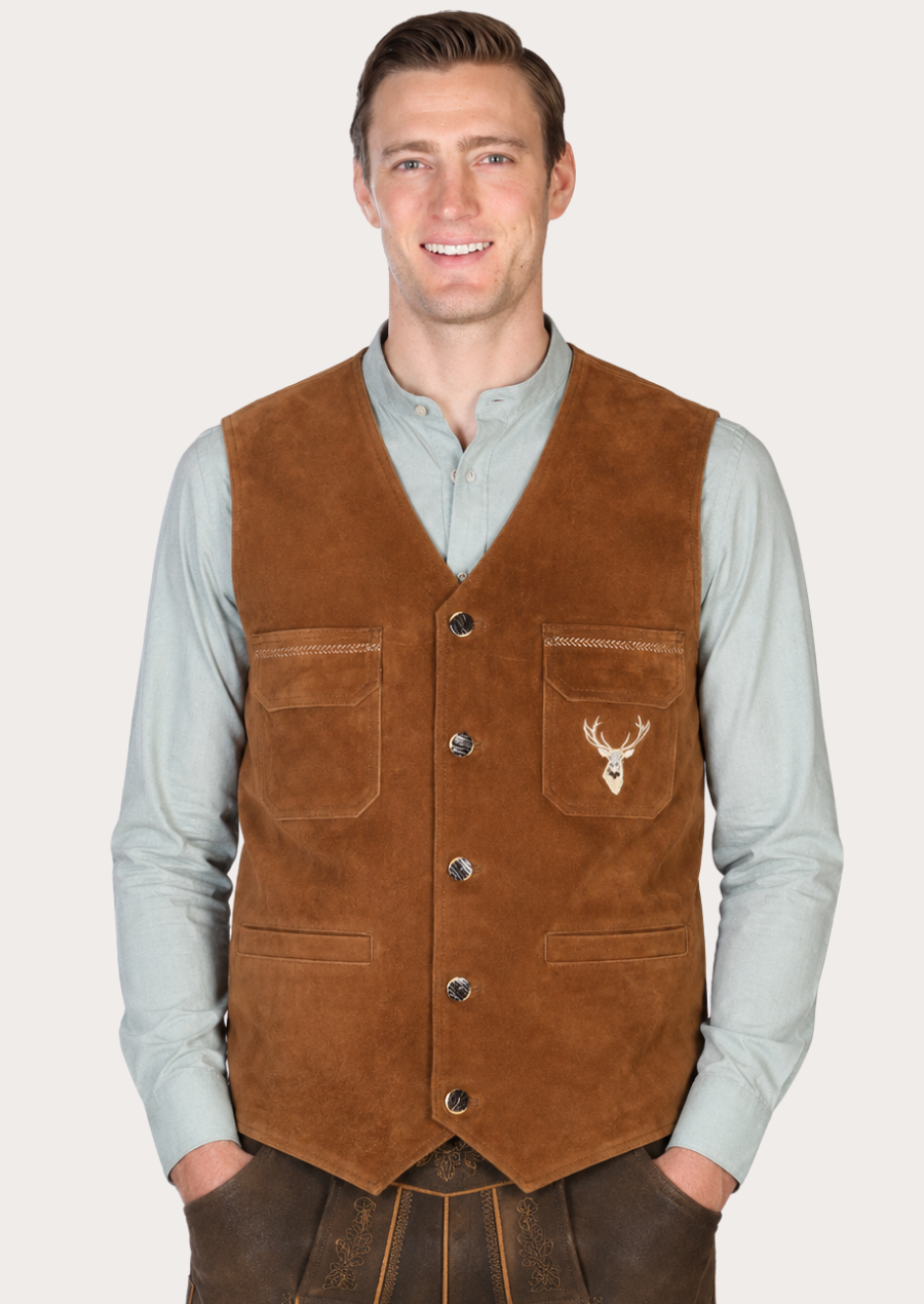 Suede Trachten vest with beer embroidery inspired by traditional Bavarian Oktoberfest fashion