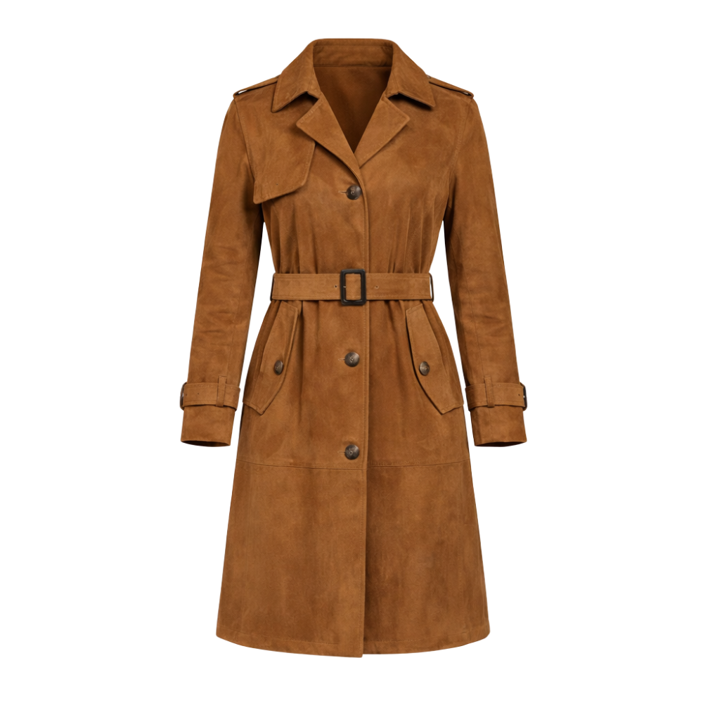 Suede trench leather coat for women with soft texture