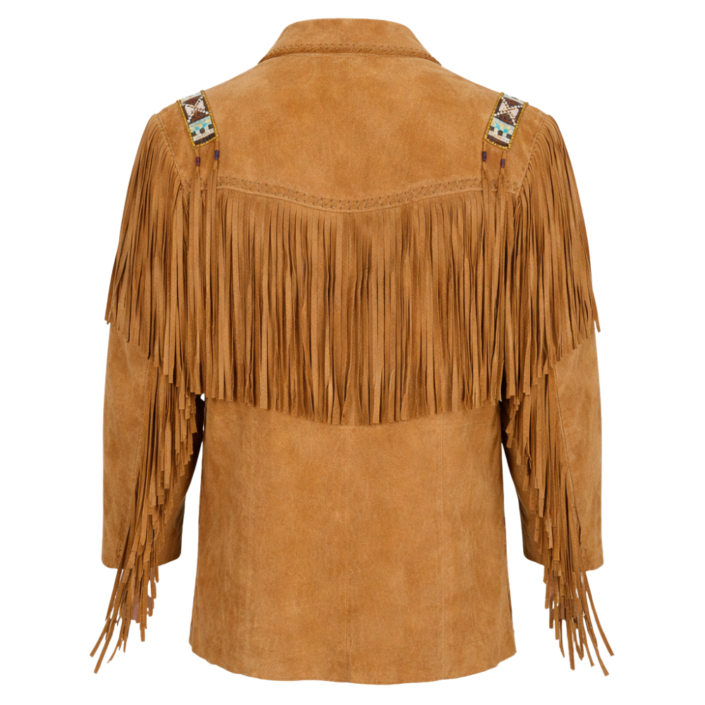 Tan brown suede western fringe jacket with authentic western design and tassels