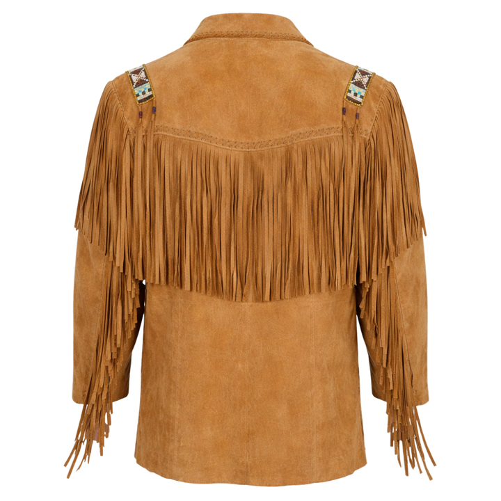Tan brown suede western fringe jacket with authentic western design and tassels