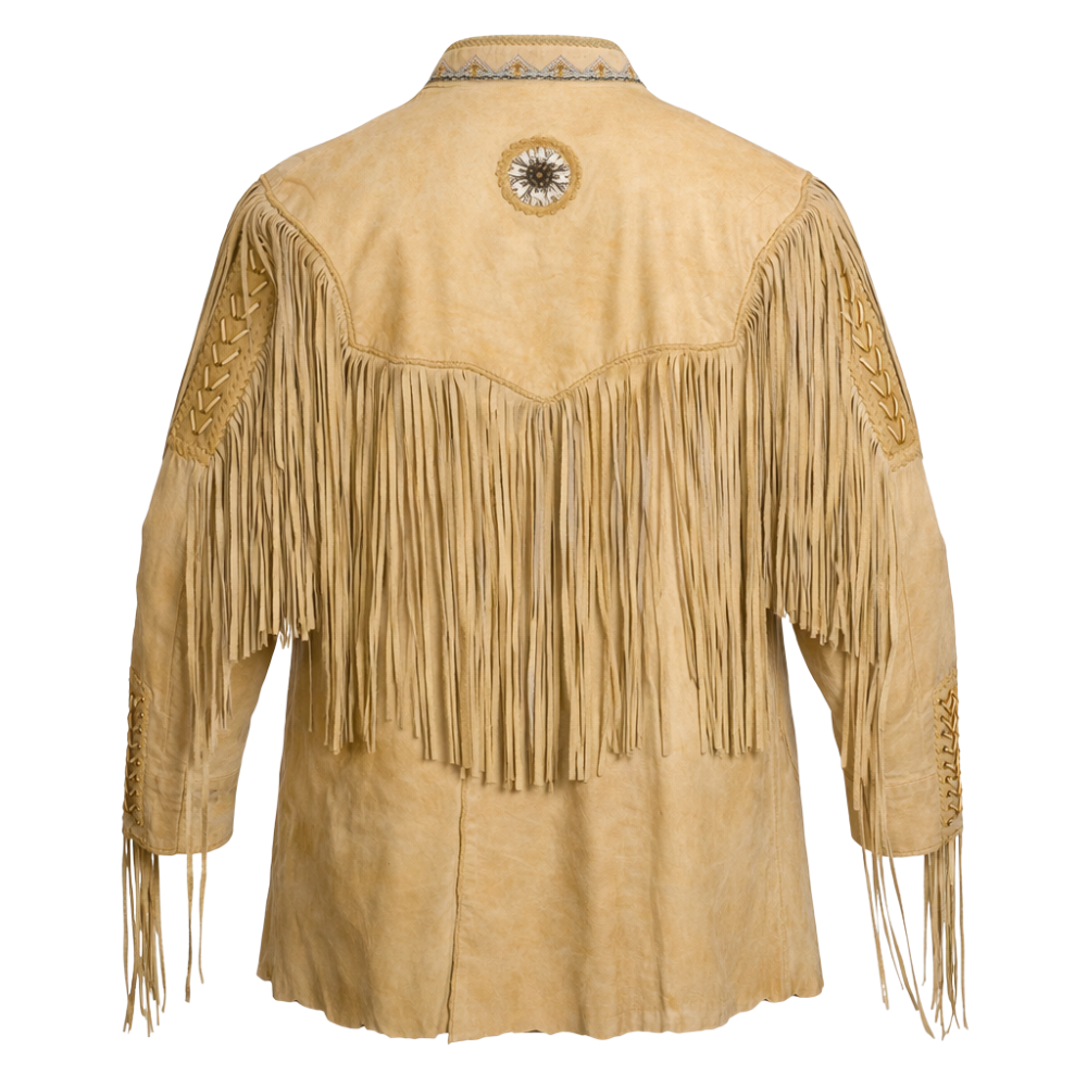 Tan brown western fringe jacket with authentic western design and tassels