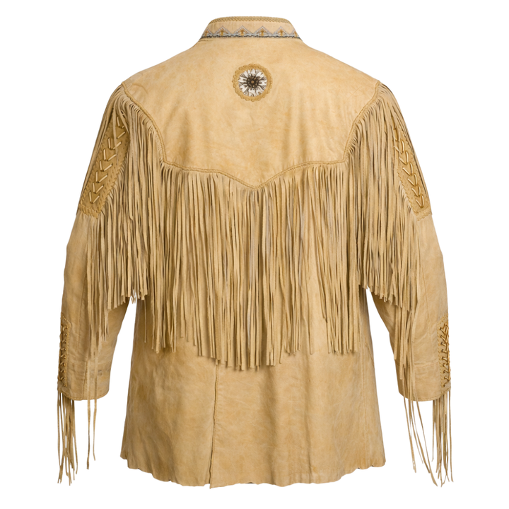 Tan brown western fringe jacket with authentic western design and tassels