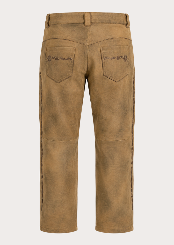 Men's tan Lederhosen trousers inspired by authentic Alpine heritage fashion