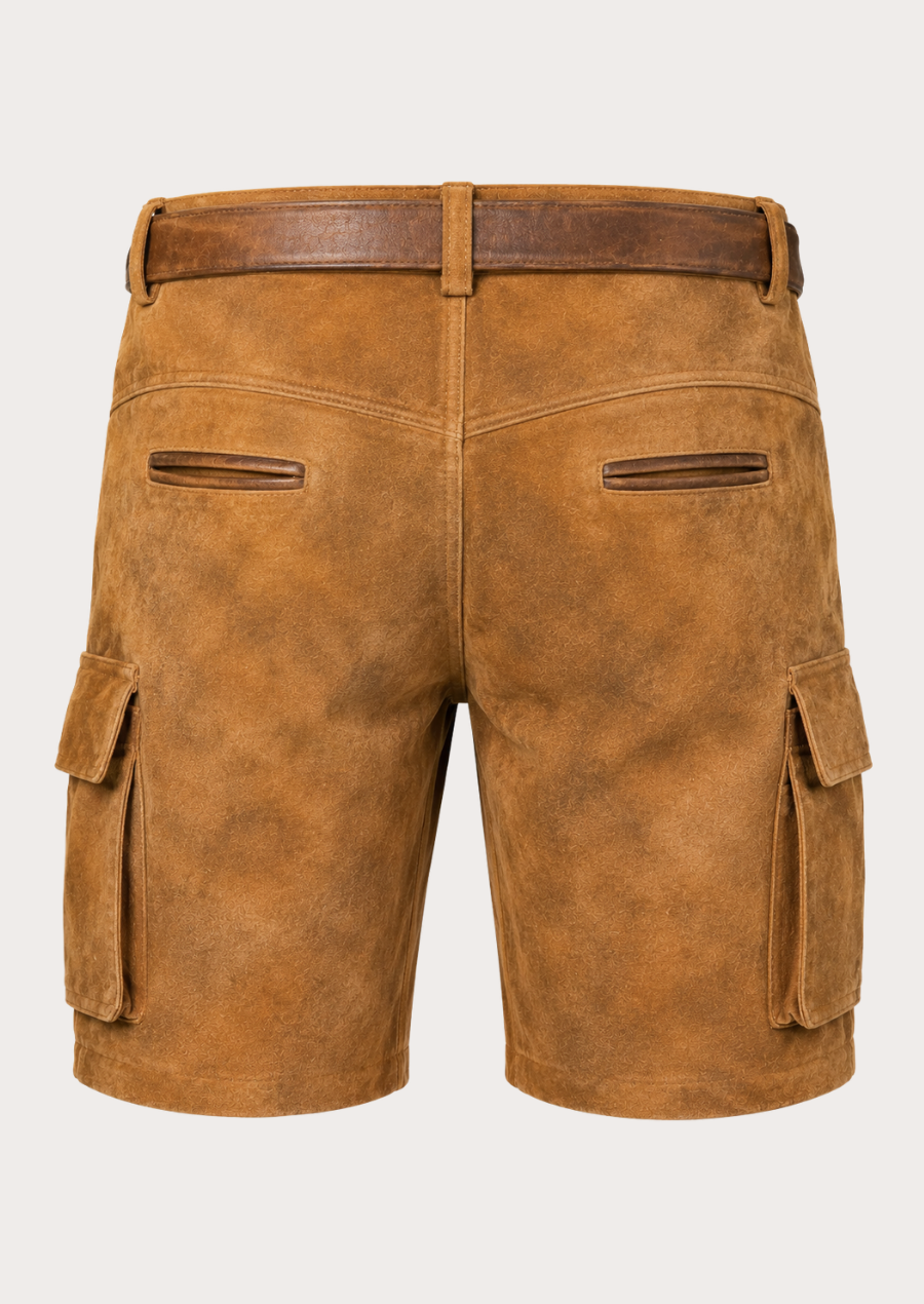 Traditional Bavarian cargo lederhosen with side flap pockets and decorative belt buckle