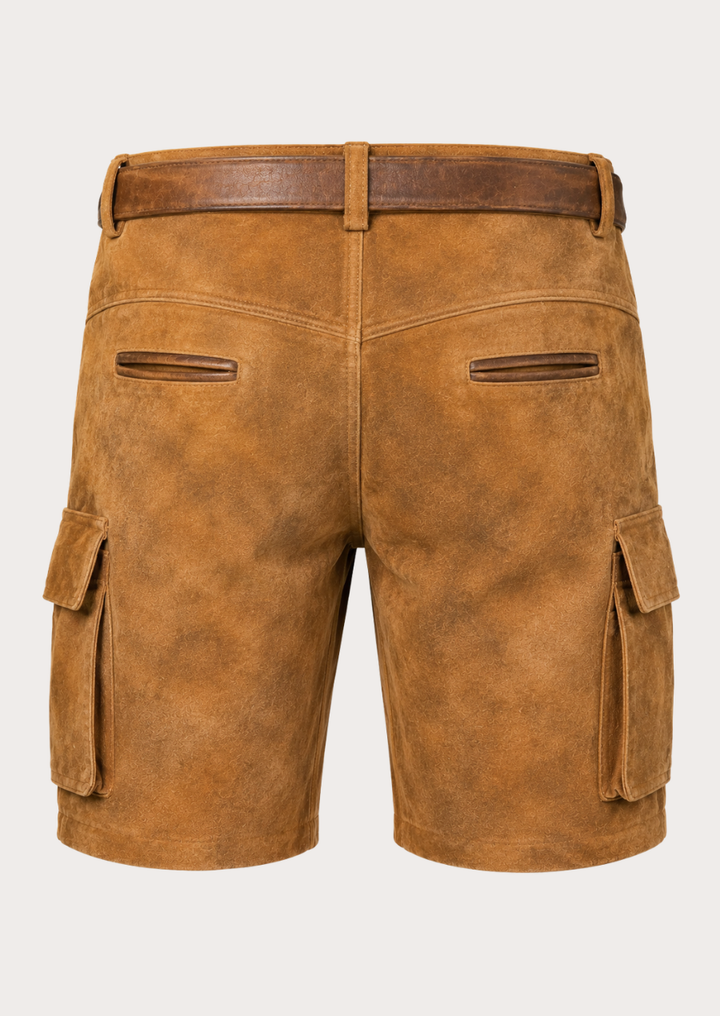Traditional Bavarian cargo lederhosen with side flap pockets and decorative belt buckle