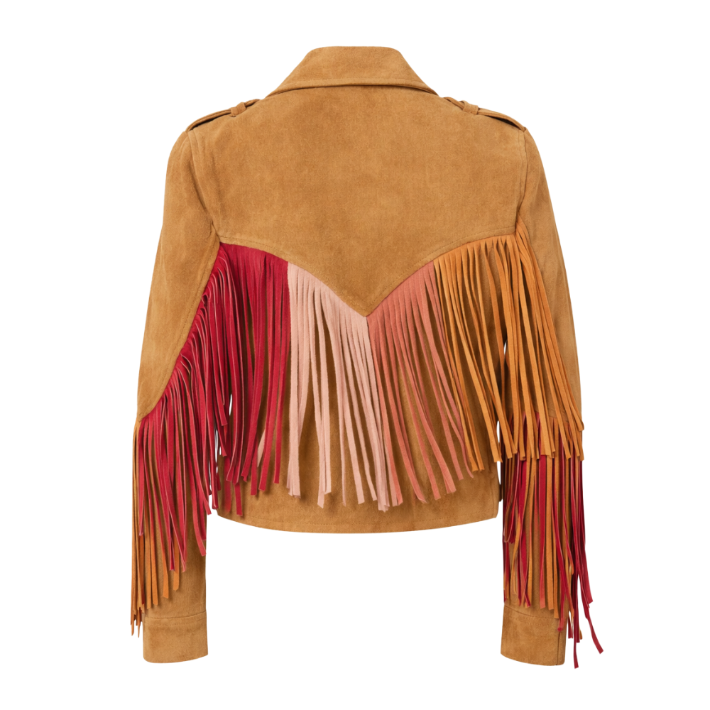 Tan suede bohemian fringe jacket with western design