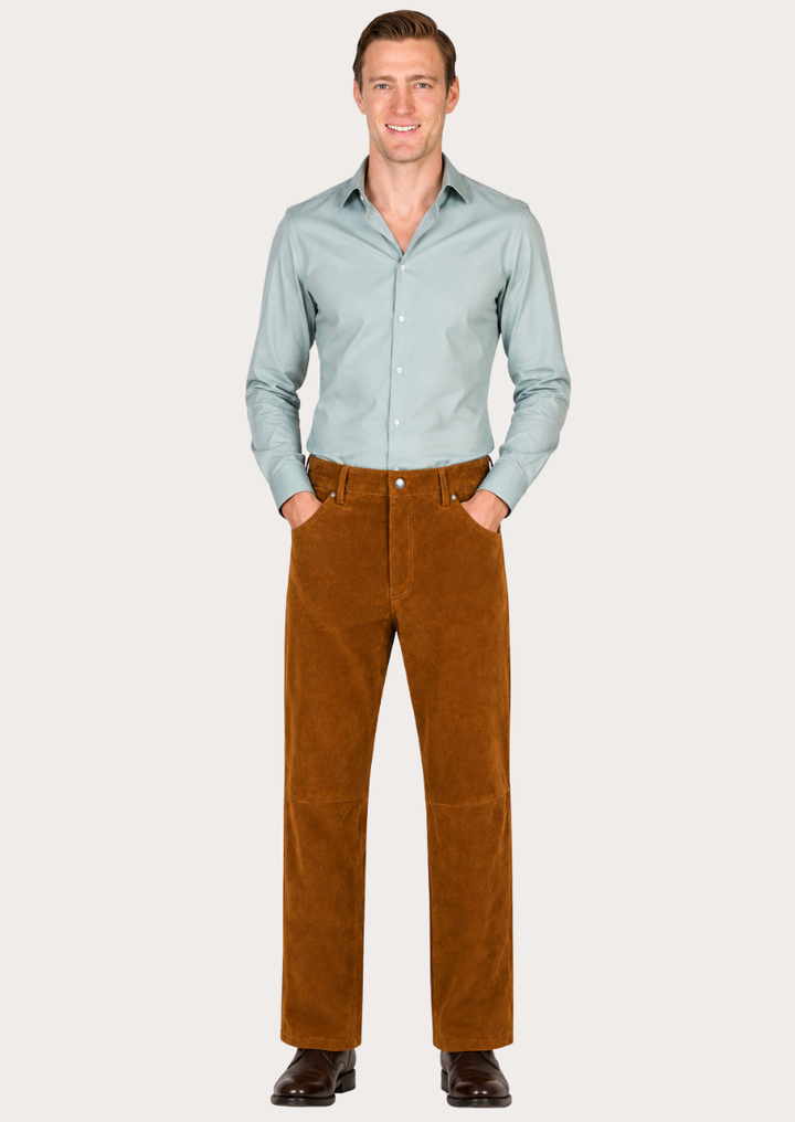 Premium tan suede leather biker pants designed for comfort and everyday wear