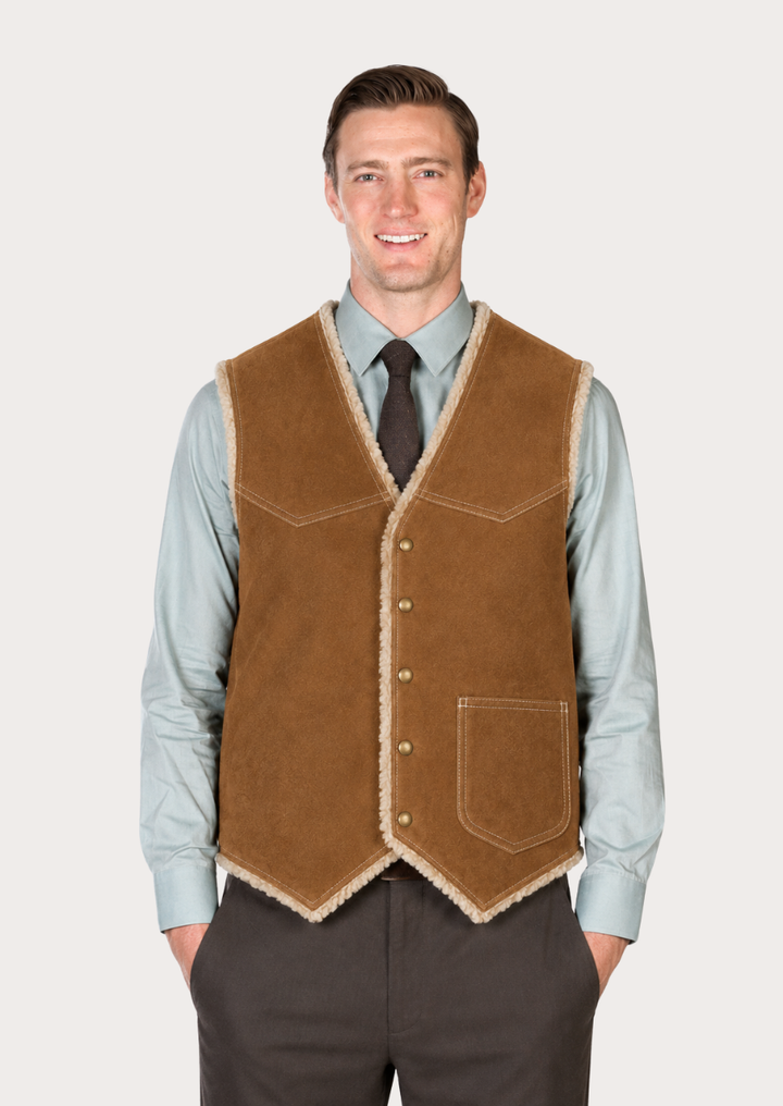 Tan suede shearling vest for men with Western cowboy styling and snap button closure