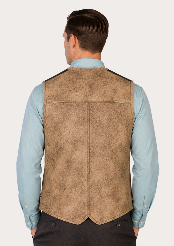 Vintage-style tan leather vest featuring a V-neck design and dual front pockets