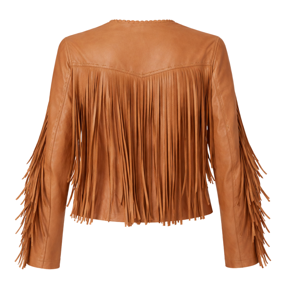 Women's western style sheep leather fringe jacket with decorative tassels and cowgirl design