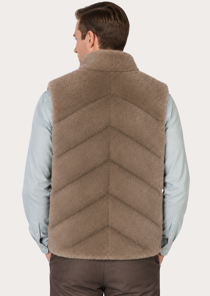 Taupe brown faux fur sleeveless jacket for men with soft plush texture.
