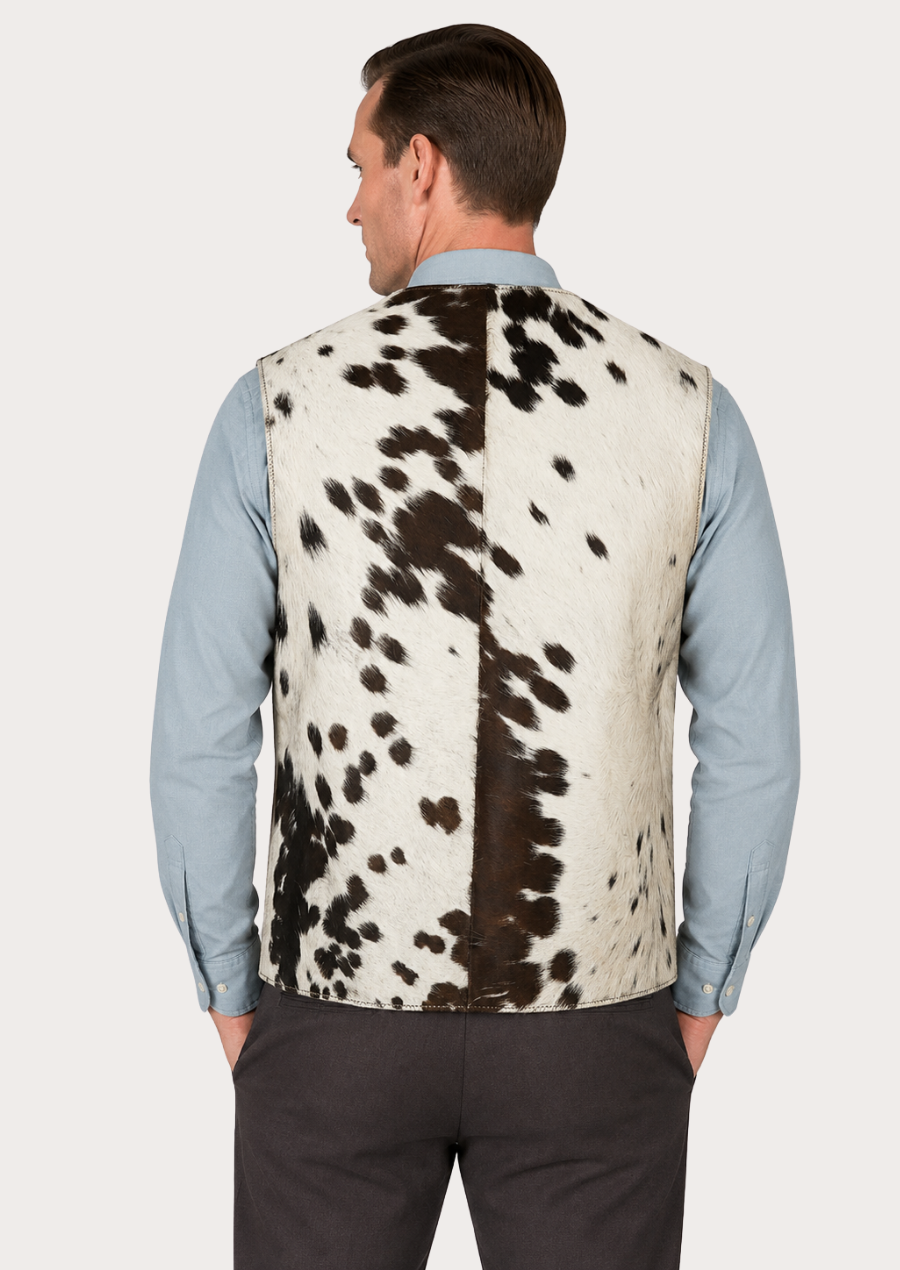 Hair-on-hide Western vest for men designed for rodeos, ranch wear, and cowboy fashion