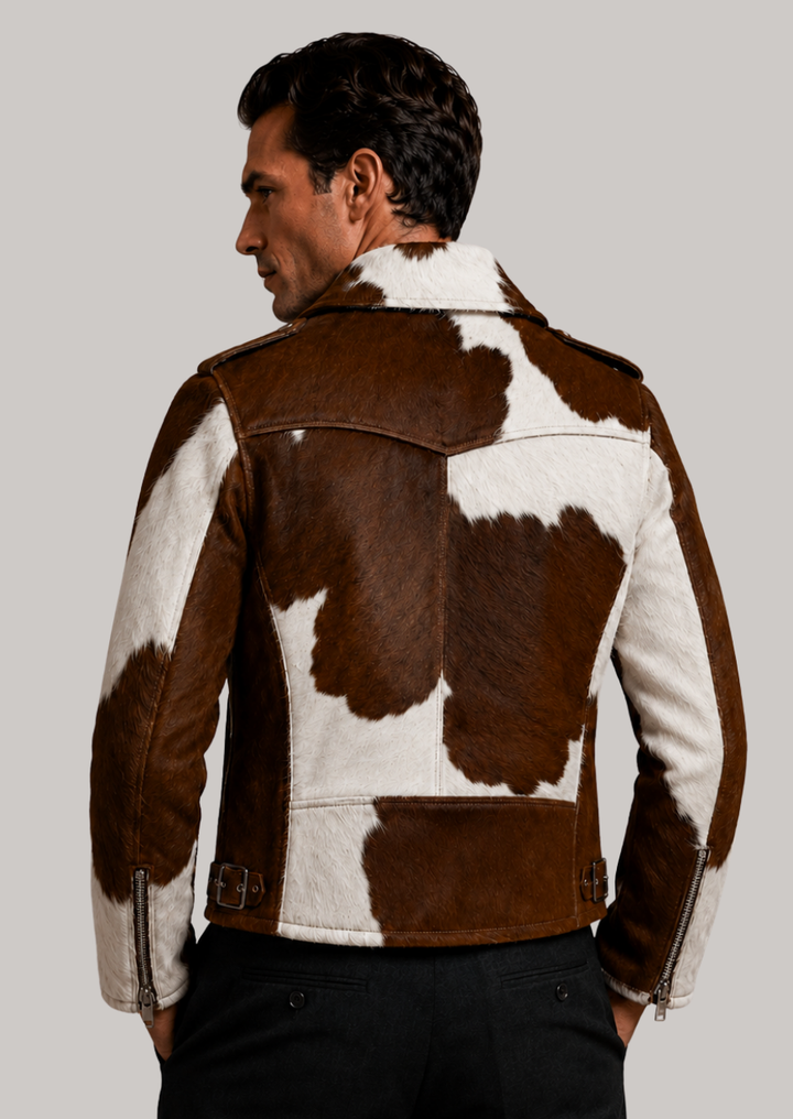 Texas Ranch cowhide hair on hide leather biker jacket with natural brown and white cow print