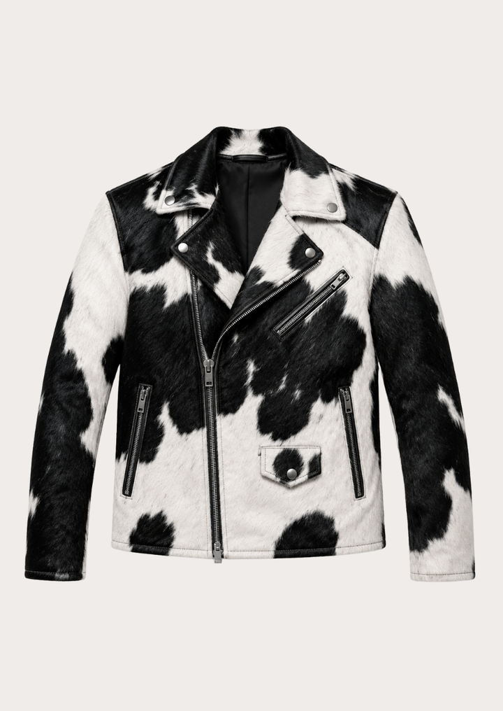 Texas Rodeo Hair On Hide Leather Biker Jacket for Men in genuine black and white cowhide leather