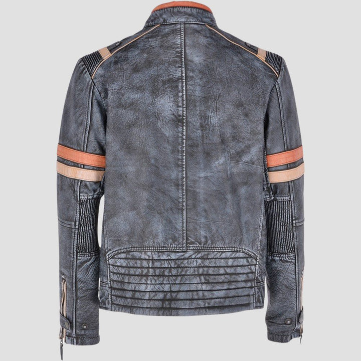 Biker inspired men’s leather jacket with band collar and zippers.