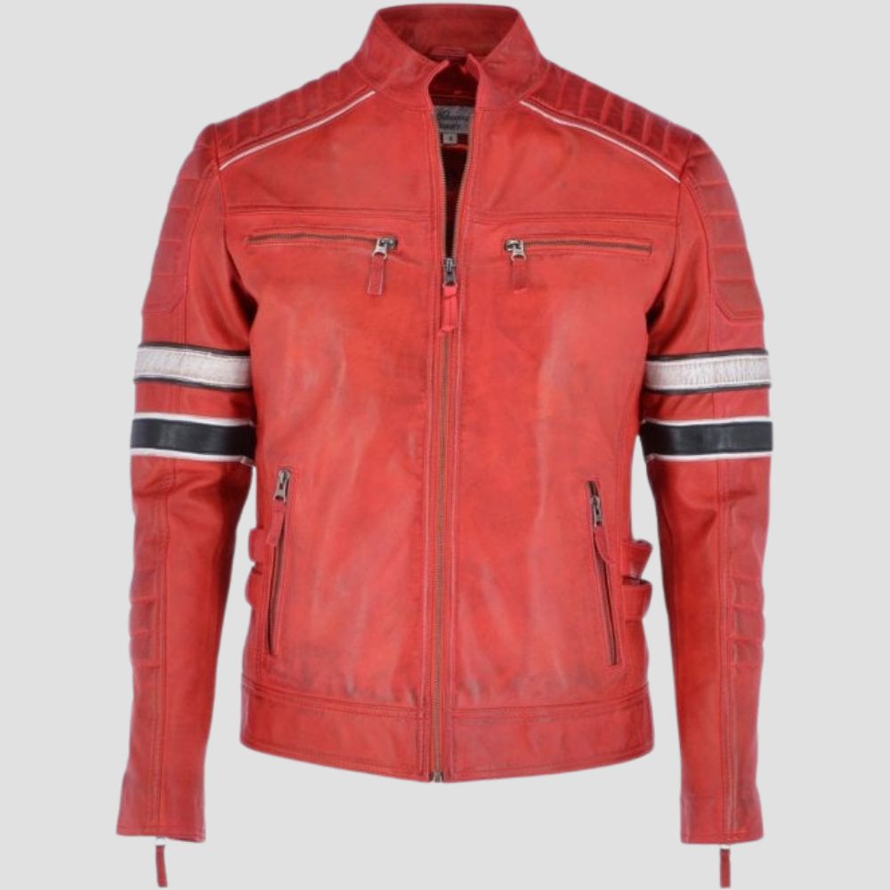 Stylish red leather biker jacket for men with zipper cuffs.