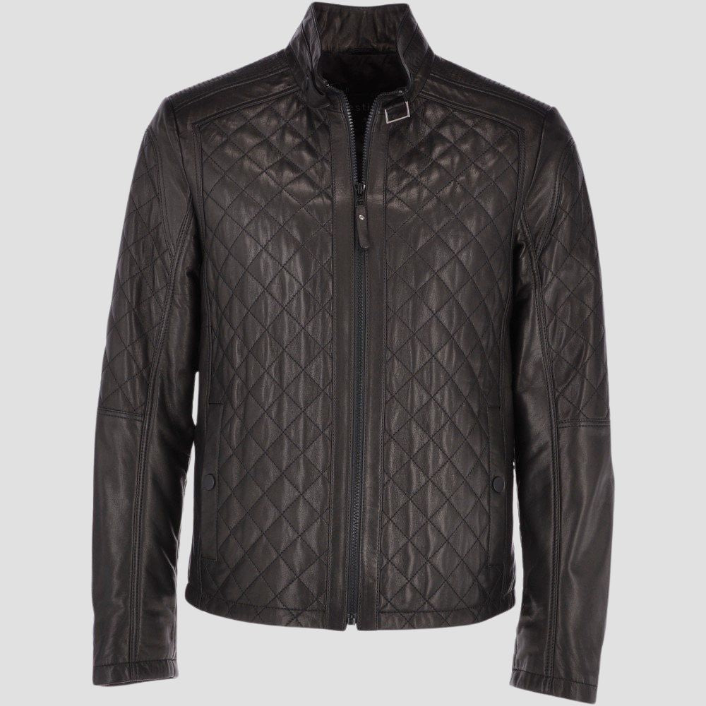 Genuine black sheep leather quilted jacket for men.