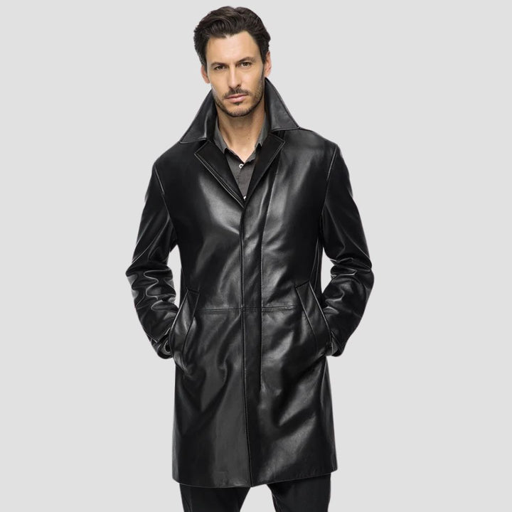 High-quality men’s black leather trench coat for everyday wear.